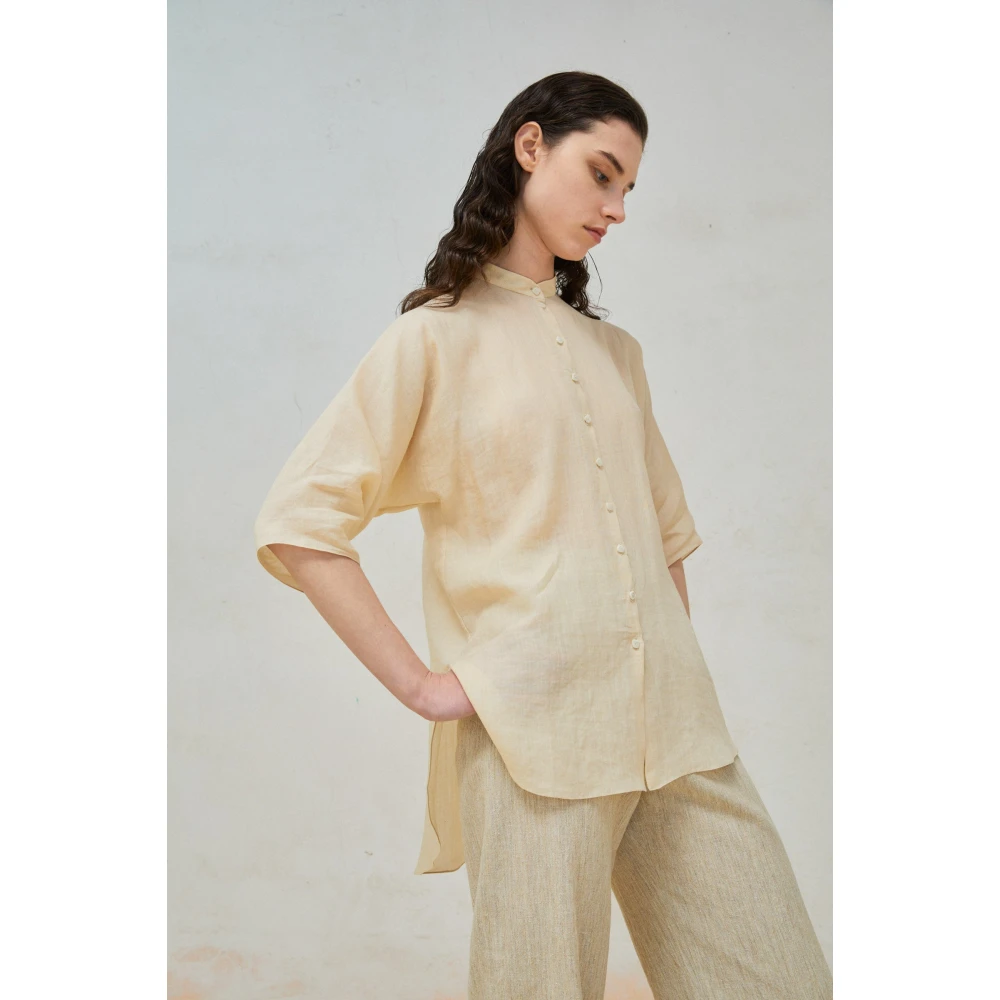Cortana Beige Ramie Mao Kraag Shirt Beige Dames