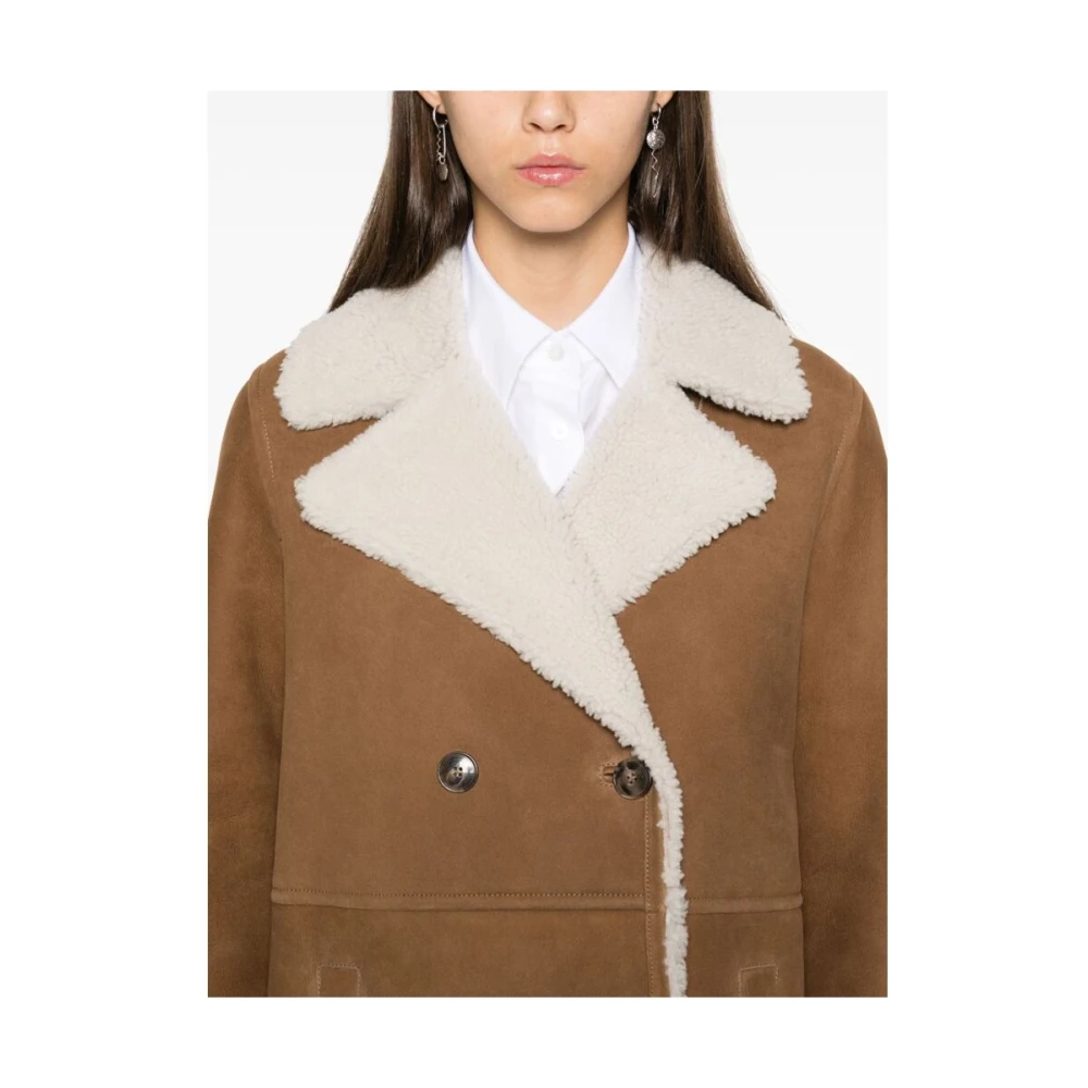 Yves Salomon Shearling Trim Double-Breasted Outerwear Brown Dames