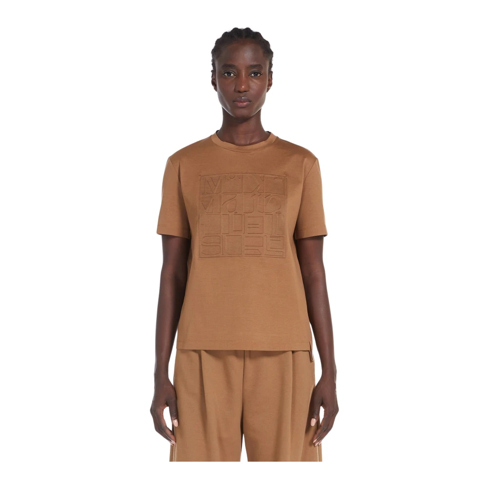 Max Mara Katoenen jersey T-shirt met korte mouwen en reliëflogo Brown Dames