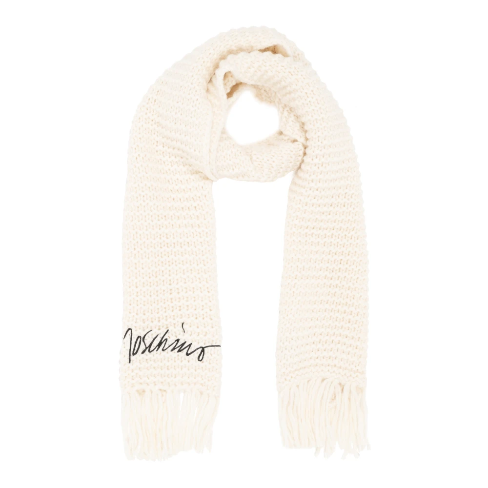 Moschino Effen wollen sjaal met franjes en borduursels White Dames