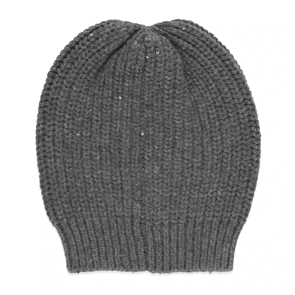 BRUNELLO CUCINELLI Grijze Cashmere Zijde Beanie Cap Paillettes Gray Dames