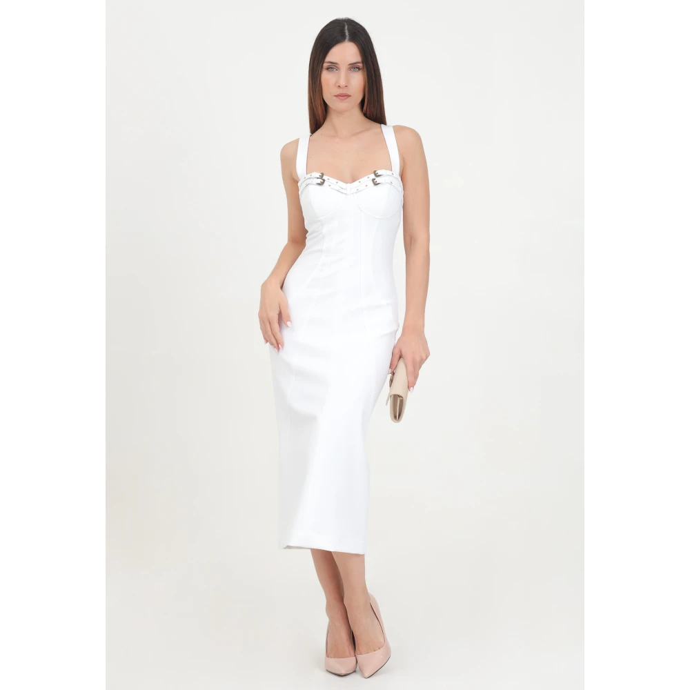 Versace Jeans Couture Barok Gesp Witte Midi Jurk White Dames