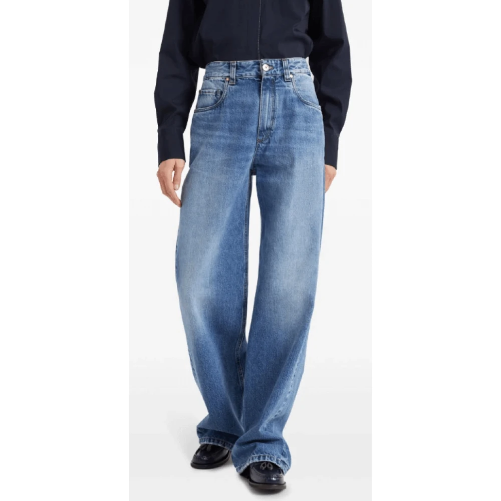 BRUNELLO CUCINELLI Blauwe Wide-Leg Jeans met Appliqué Logo Blue Dames