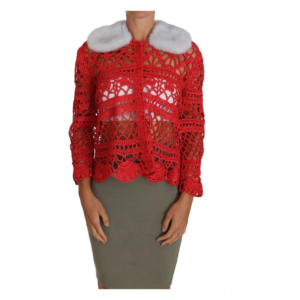 Dolce & Gabbana Women's Red Cardigans, S, Raffia Crochet Knit Cardigan