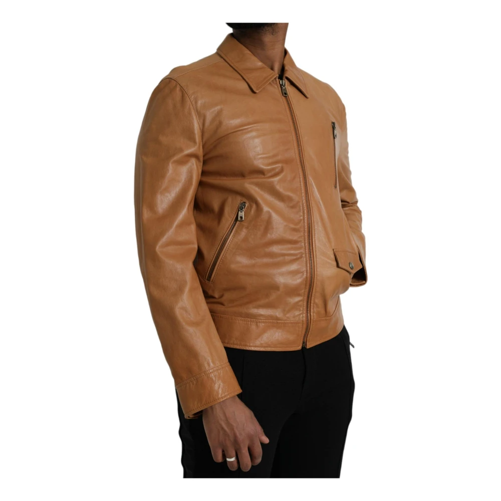 Dolce & Gabbana Bruin Leren Zip Blouson Jas Brown Heren