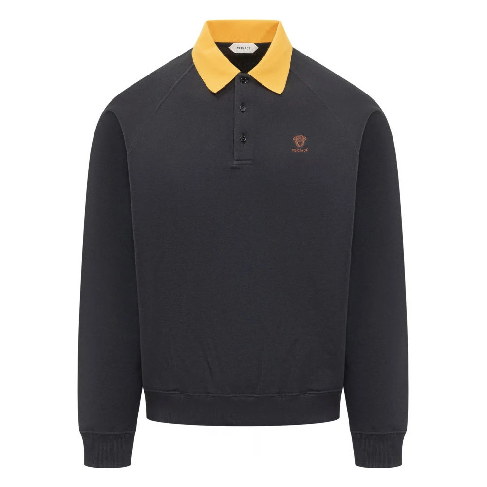 Versace , Sweatshirts, Male, Blue, M, Embroidered Cotton-Jersey Polo Sweatshirt