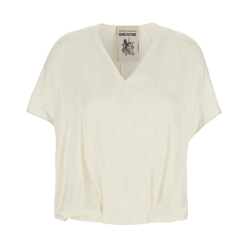 Semicouture Witte Zijde Blend V-hals Top met Gedrapeerde Mouwen White Dames