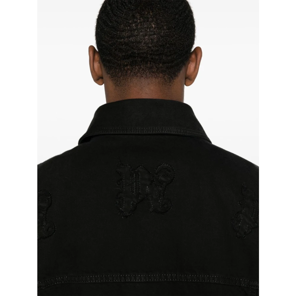 Palm Angels Zwarte Denim Jas Logo In reliëf Black Heren