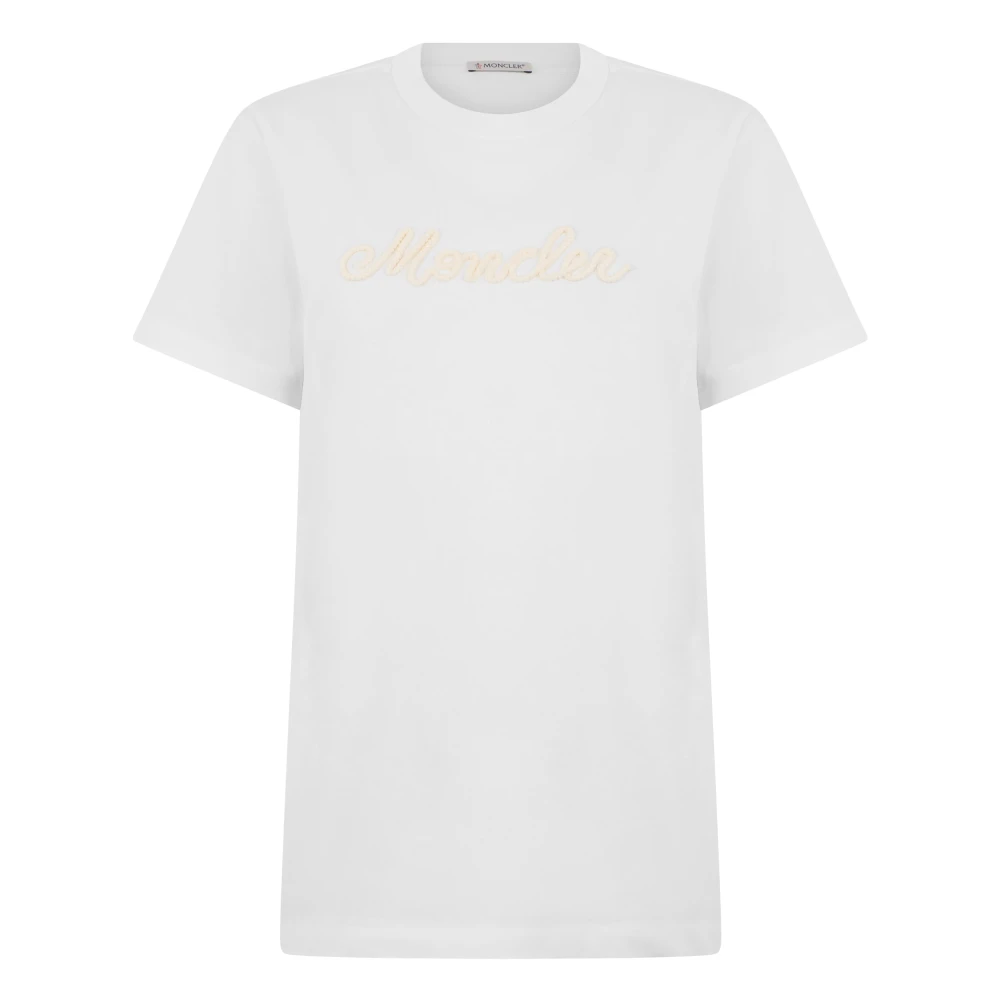 Moncler White T-Shirts, Female, M, Logo Embroidery Cotton T-Shirt