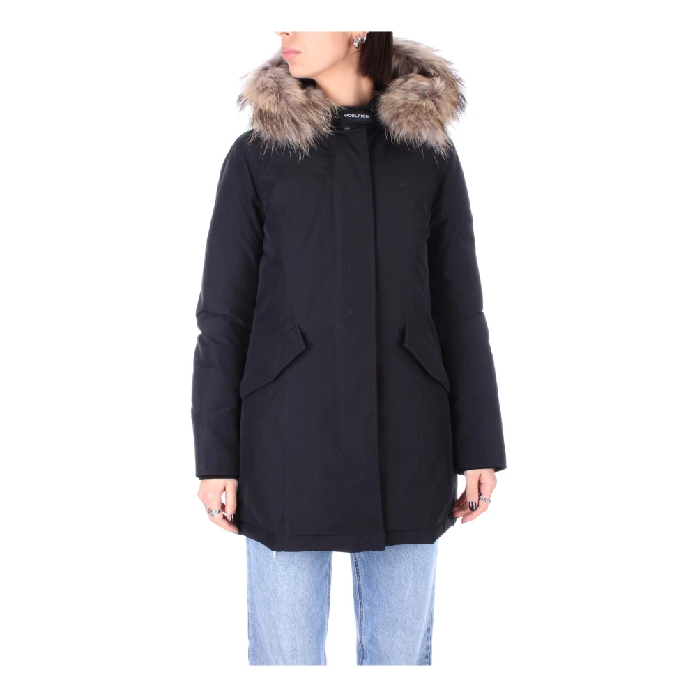 Woolrich Zwarte jas met capuchon en -logo Black Dames