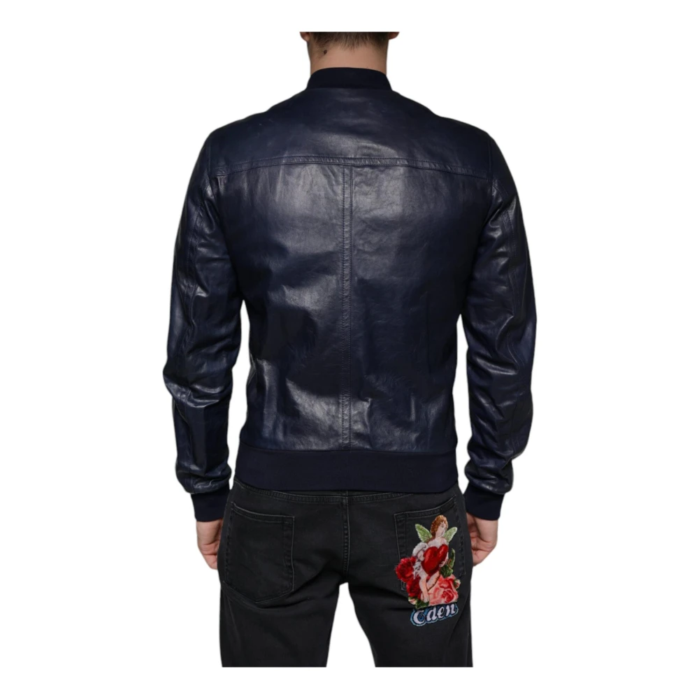 Dolce & Gabbana Blauwe Lamsskin Leren Bikerjack met Logo Blue Heren