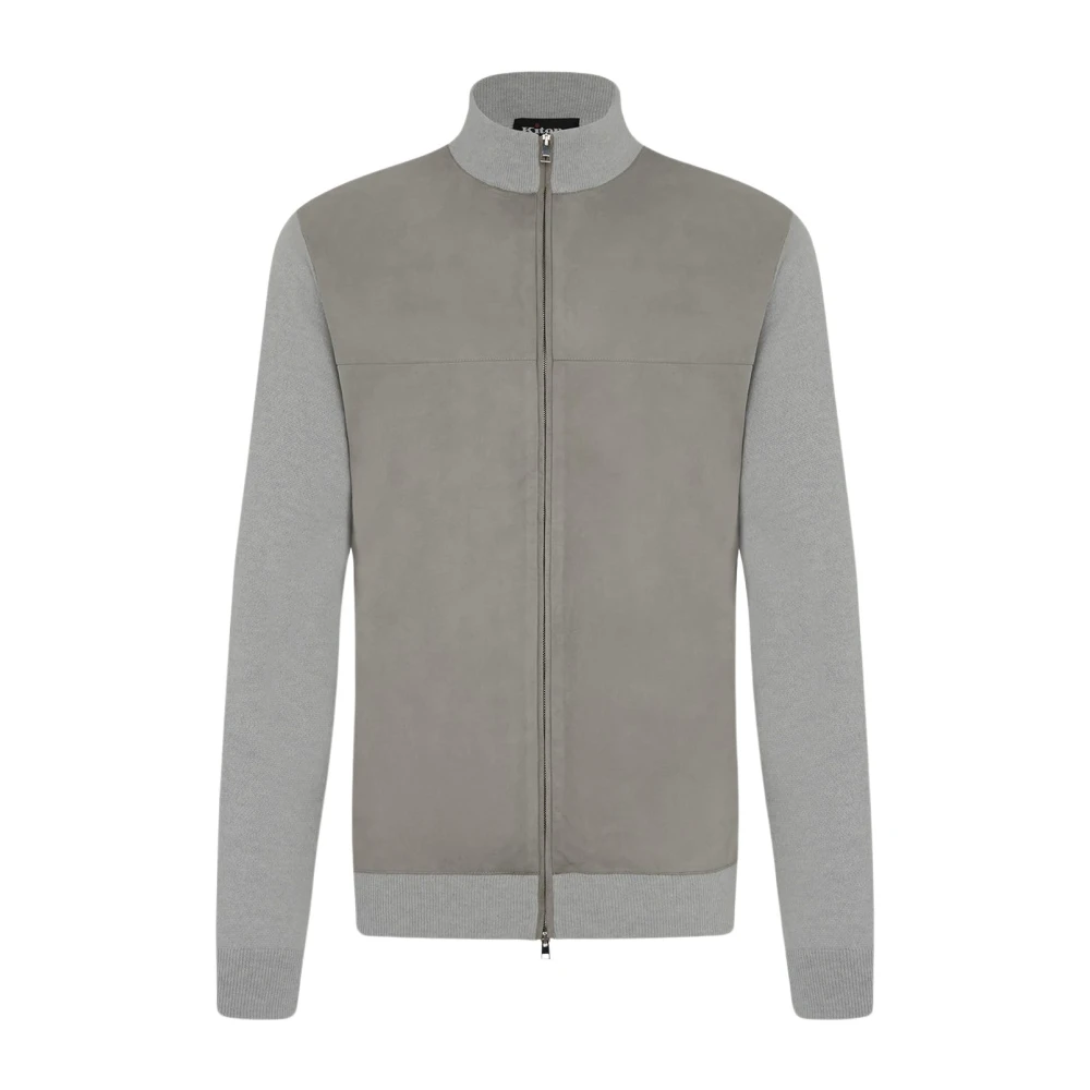 Kiton Cashmere Bomberjack met Leren Inzetstukken Gray Heren