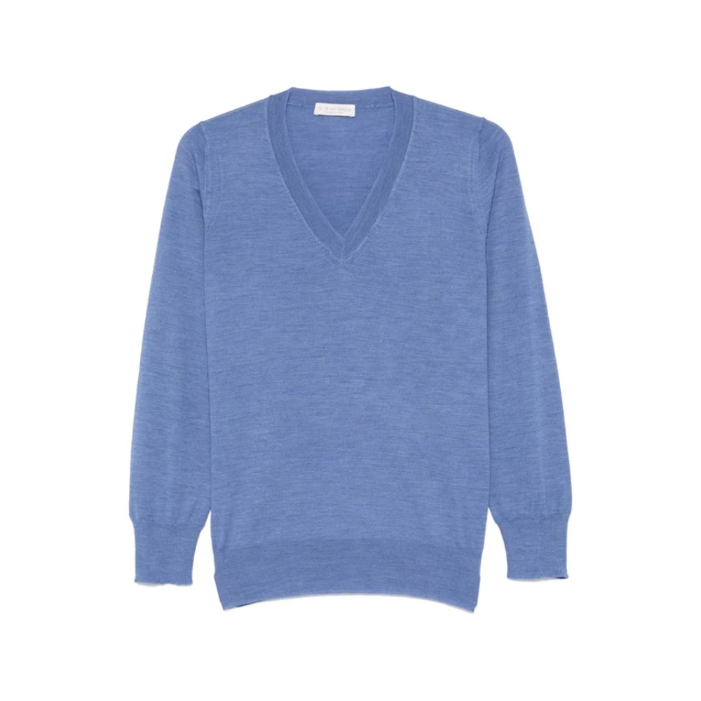 Le Tricot Perugia Blauwe Melange V-hals Wollen Trui Blue Dames