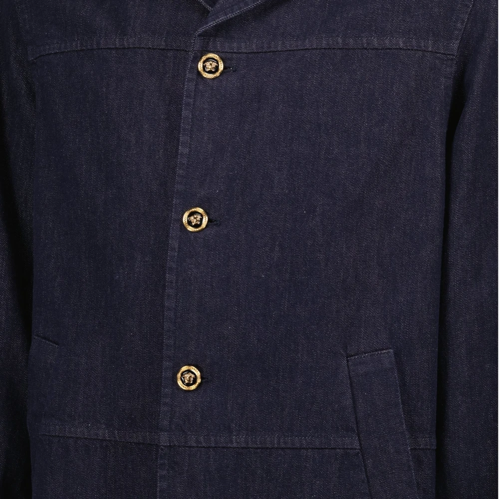 Versace Stijlvolle Ruwe Denim Lange Jas Blue Heren