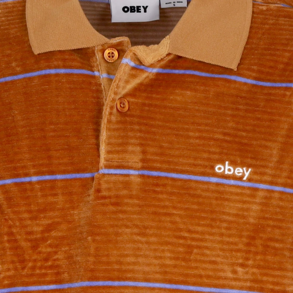 Obey Gestreepte Lange Mouw Velours Polo Bruin Brown Heren