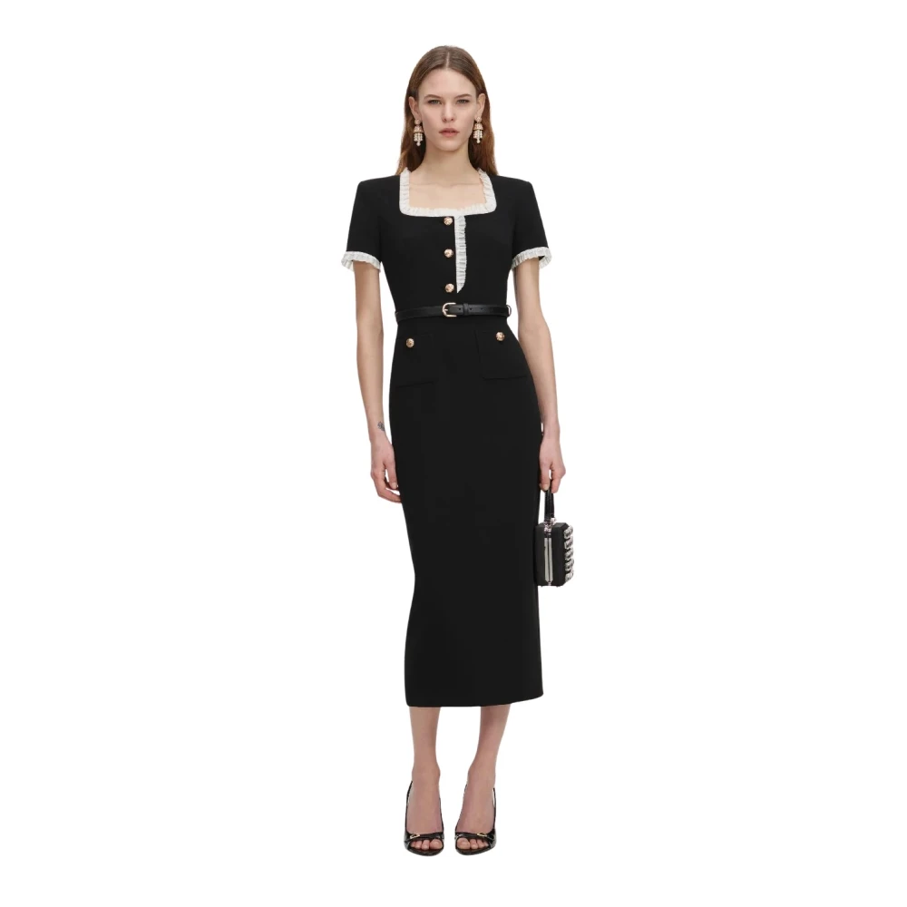 Self Portrait Women's Black Midi Dresses, Xs, Crepe Contrast Frill Midi Dress