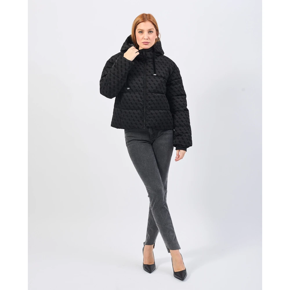 Guess Zwarte gewatteerde jas met fluwelen logo Black Dames