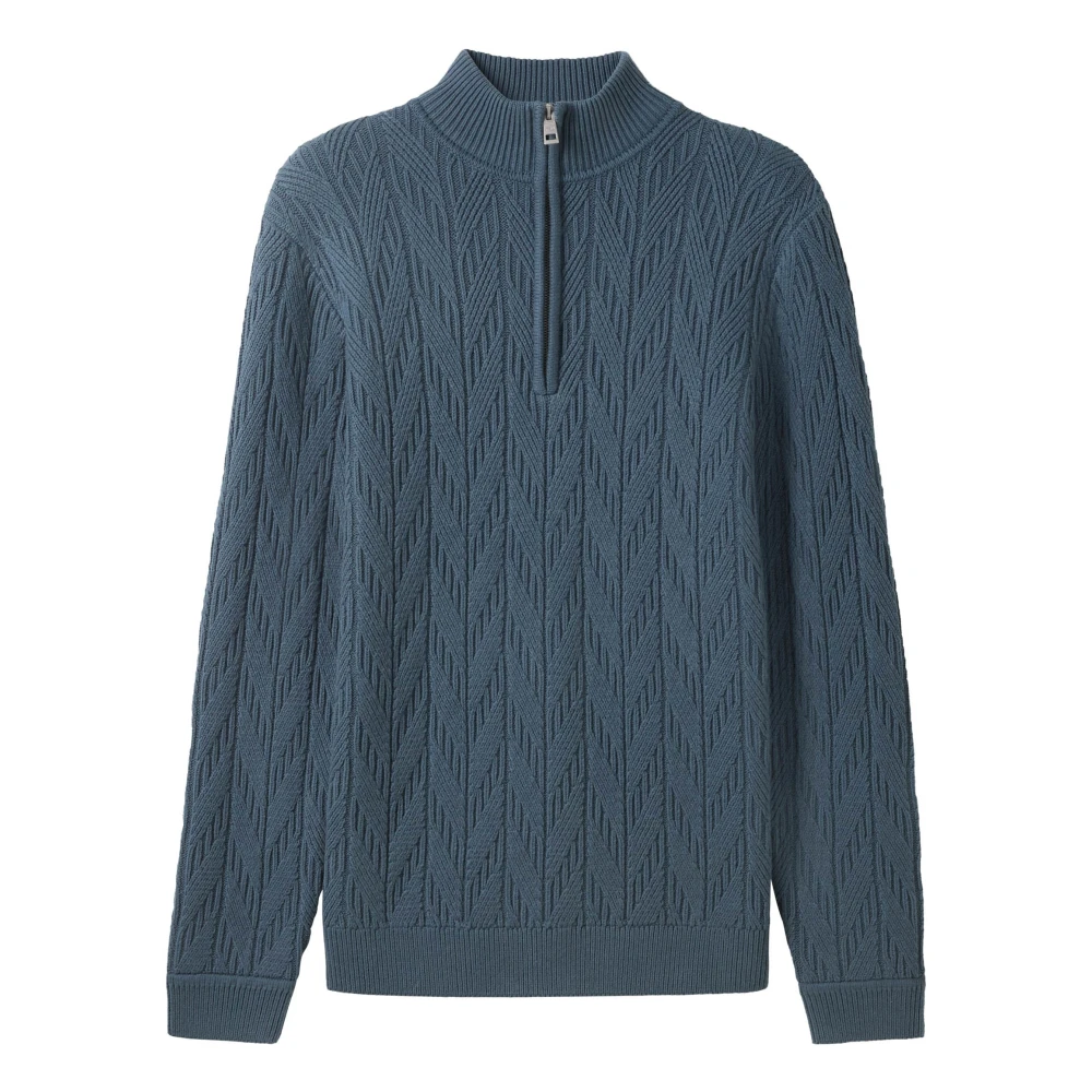 Tom Tailor Gestructureerde Cable Knit Troyer Trui Blauw Blue Heren