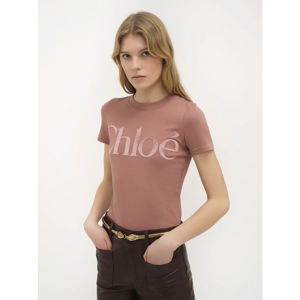 Chloé Fluweel Logo Roze T-shirts en Polos Pink Dames