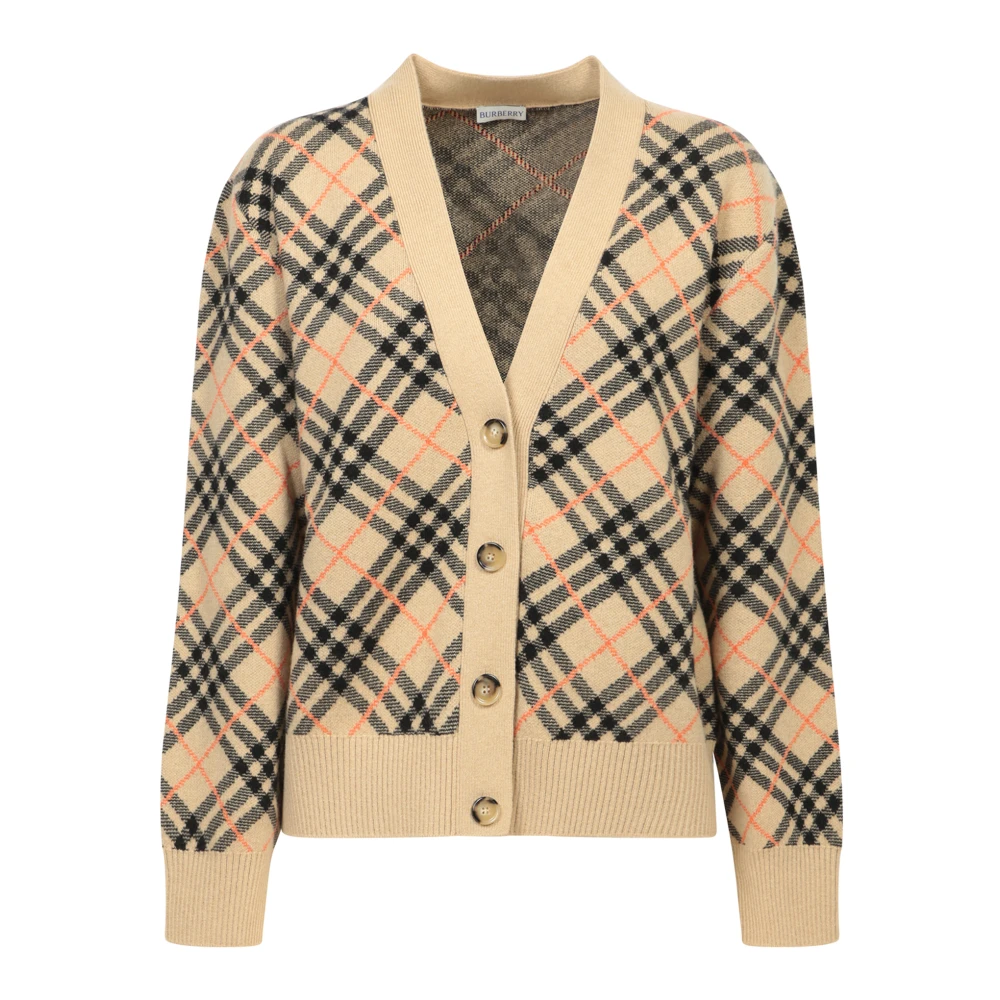 Burberry Beige Check V-Neck Sweater Aw24 Beige Dames