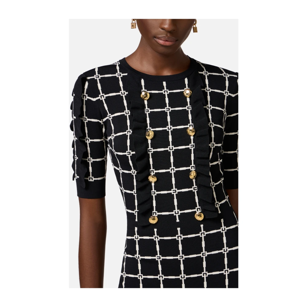 Elisabetta Franchi Jacquard logo jurk met ruches Black Dames