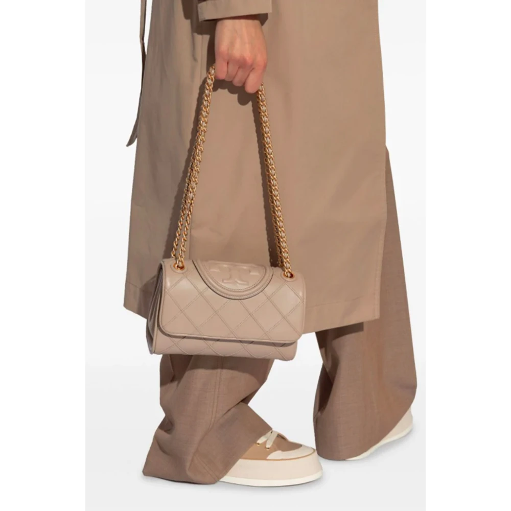 TORY BURCH Diamantgestikte leren schoudertas Beige Dames