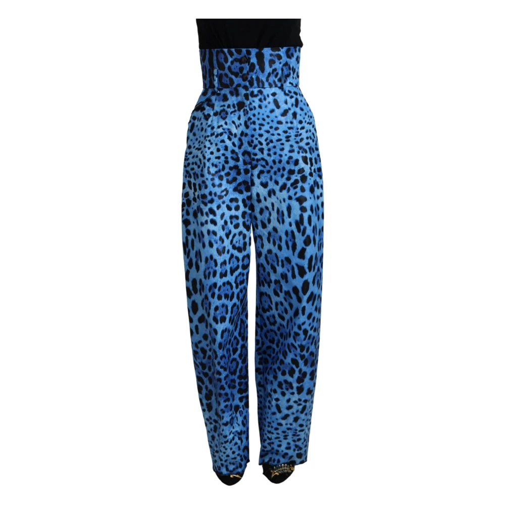 Dolce & Gabbana Women's Blue Wide Trousers, Xs, Leopard Print High Waist Trousers