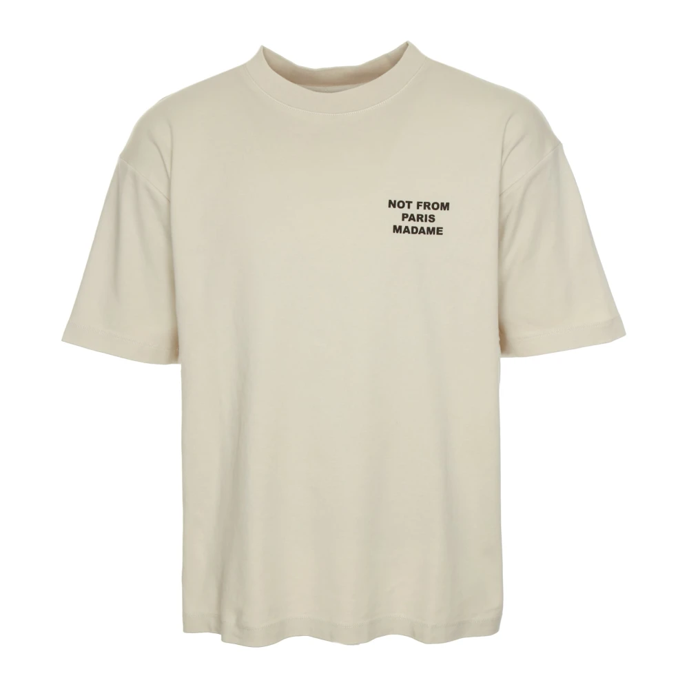 Drole de Monsieur Slogan T-shirt met geribbelde halslijn Beige Heren