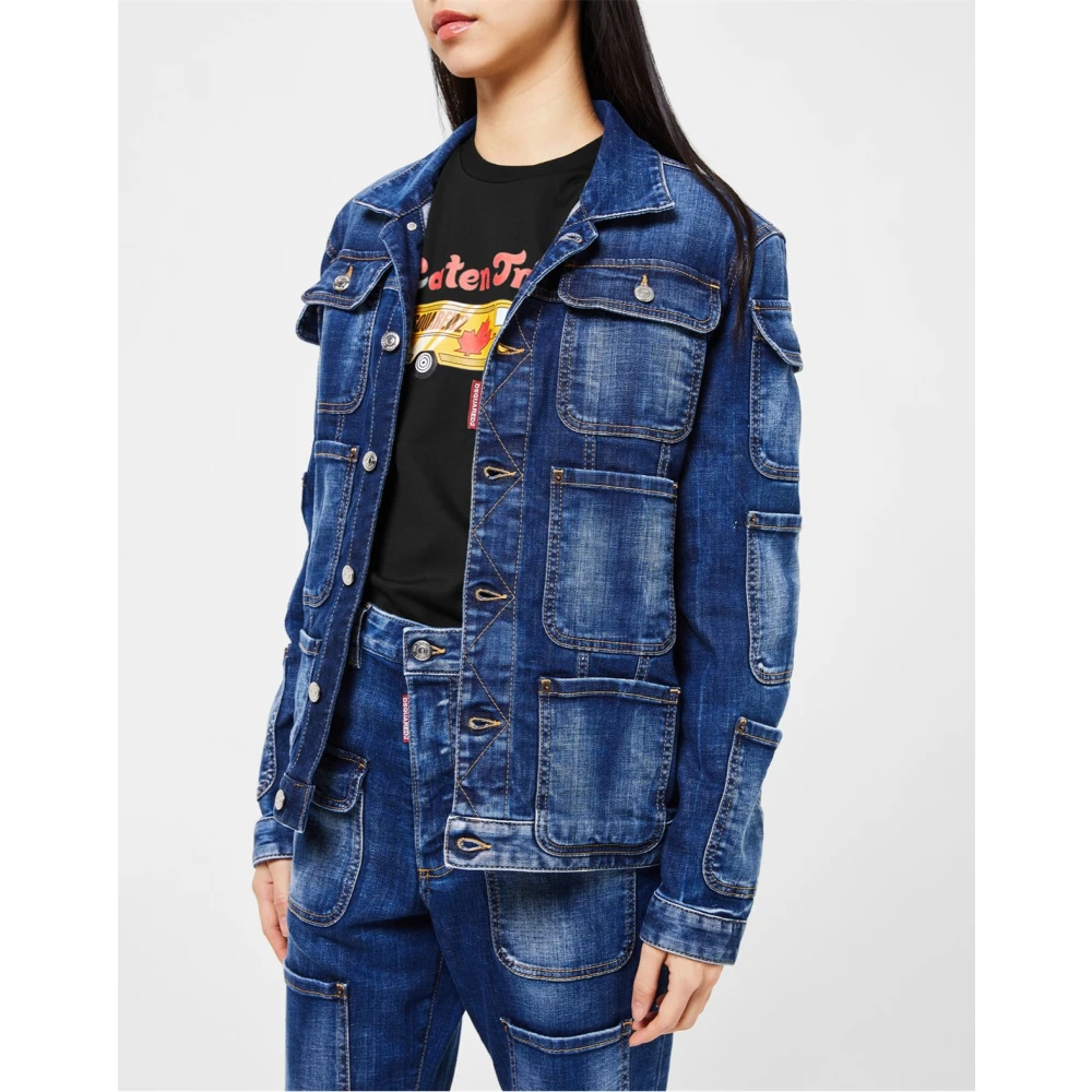 Dsquared2 Blauwe Tactische Denim Jas Knoopsluiting Blue Dames