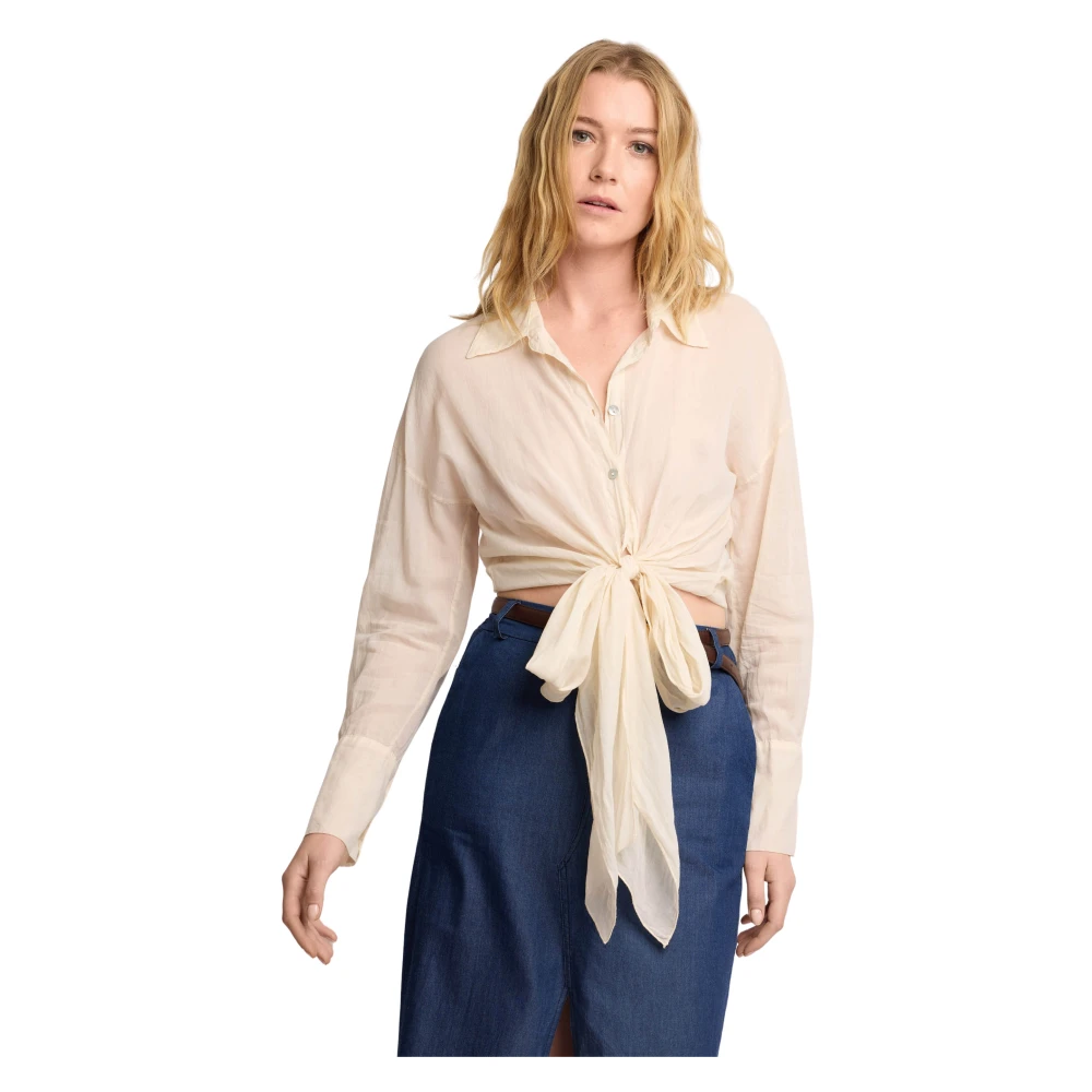 Kocca Women's Beige Chic Cropped Tie Blouse - Shirts - L - Blouses & Shirts