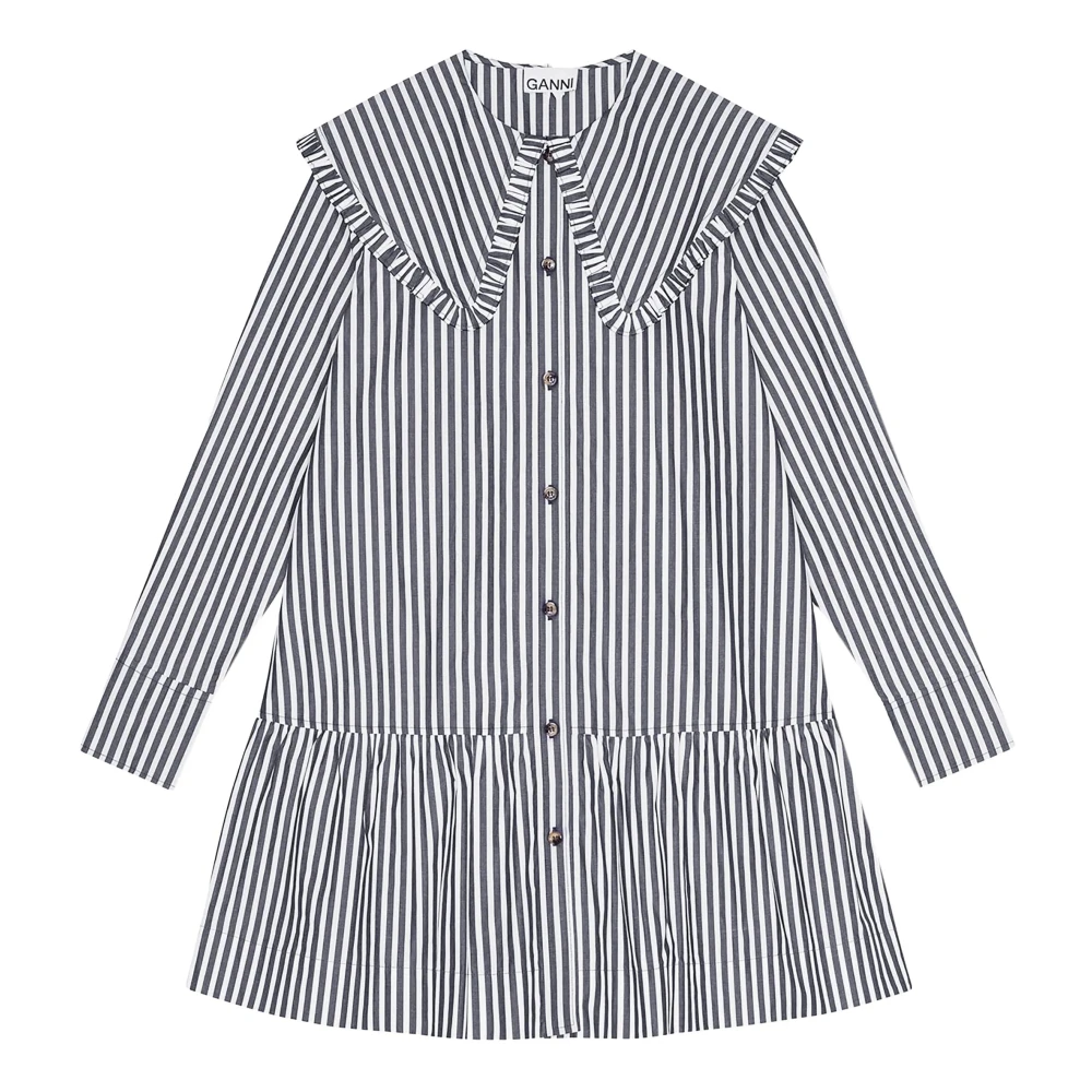 Ganni Gestreepte Grote Kraag Mini Overhemdjurk Black Dames