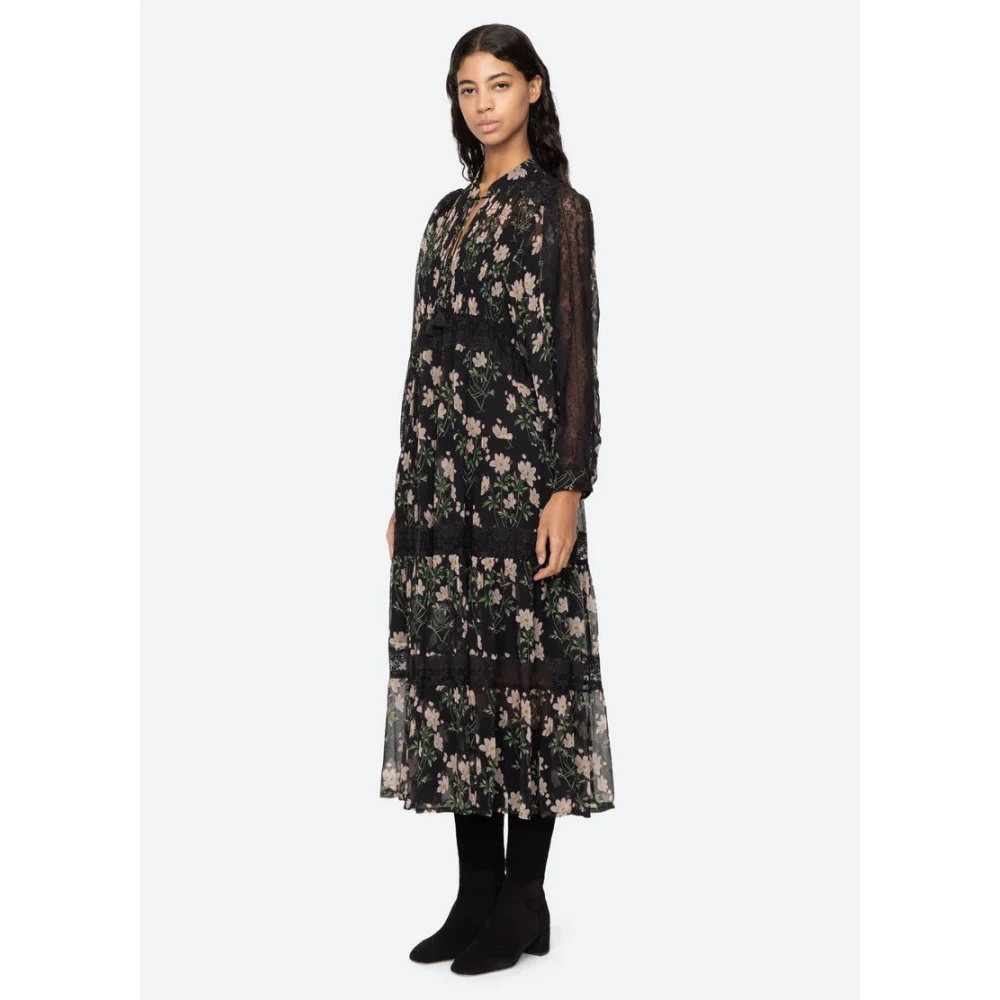 Sea NY Bloemenprint Midi Jurk met Kantinzetten Black Dames