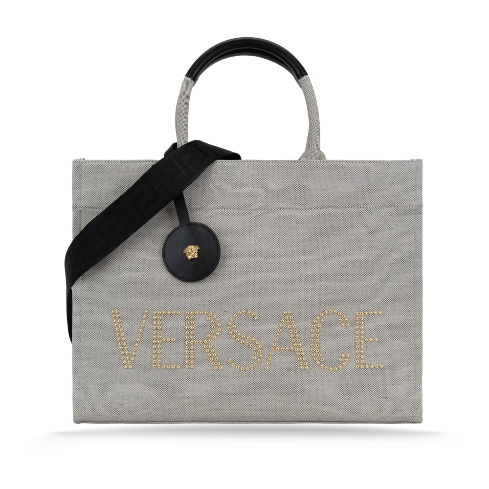 Versace Women's Gray Shoulder Bag With Leather Details - Shopping Bags - One Size - Bags