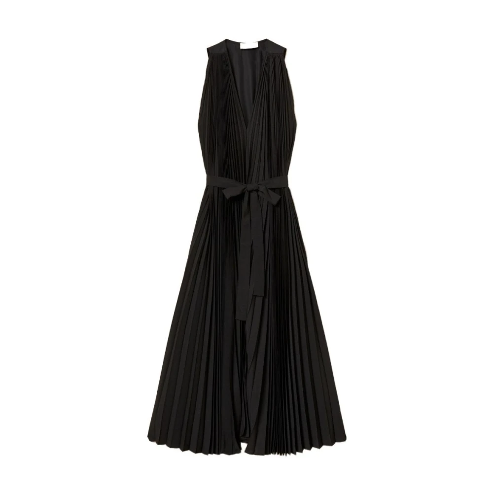 Twinset Women's Black Pleated V-Neck Dress - Midi Dresses - L - Dresses
