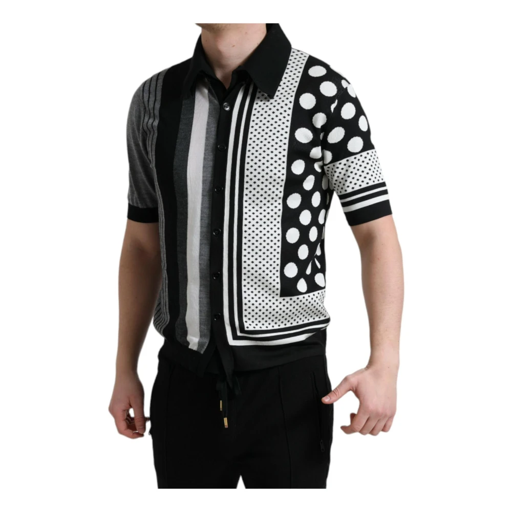 Dolce & Gabbana Men's Black Cardigans, Xs, Striped Polka Dot Collared Jumper
