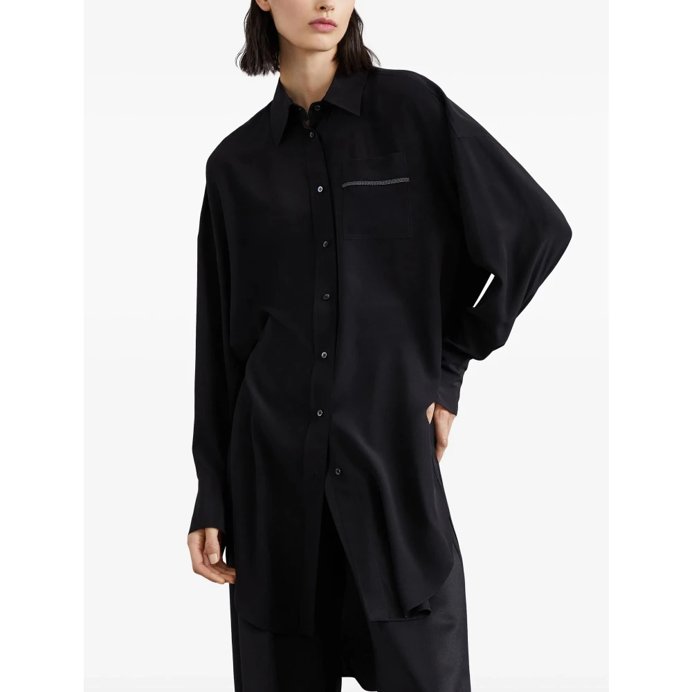 BRUNELLO CUCINELLI Zijden Monili Decoratie Klassieke Kraag Shirt Black Dames