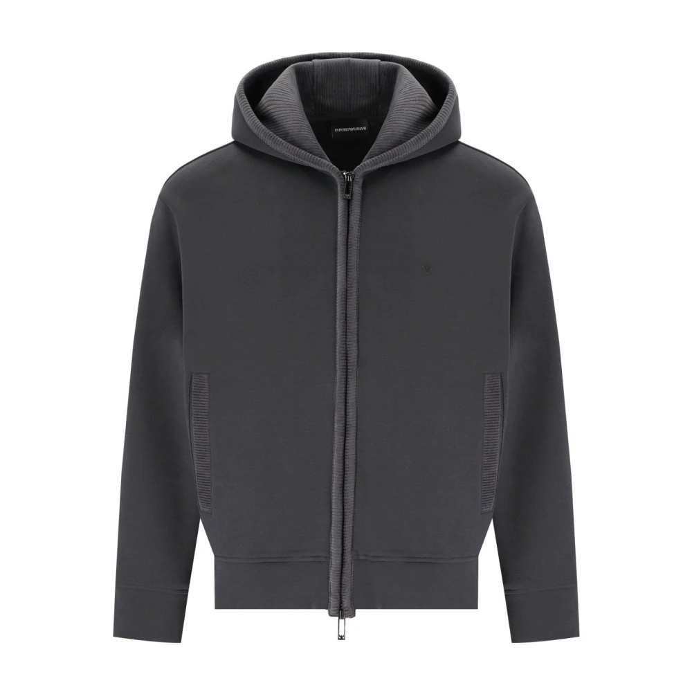 Emporio Armani Grå Ribbstickad Hoodie med Dragkedja Gray, Herr