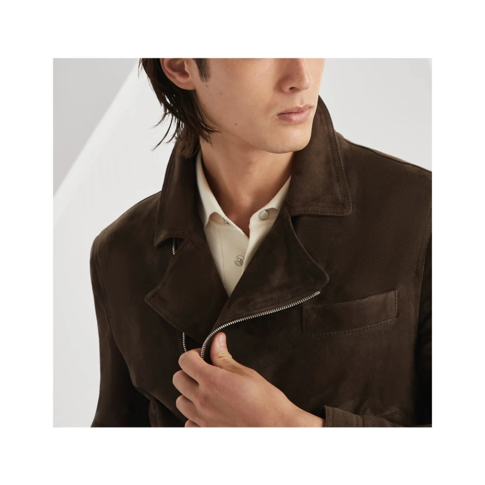 BRUNELLO CUCINELLI Bruin Leren Jas Met Ritszakken Brown Heren