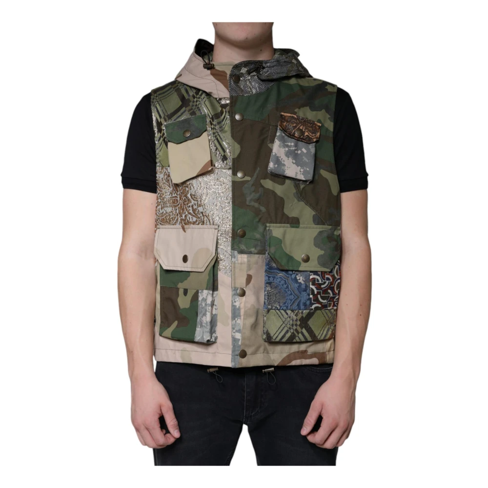 Dolce & Gabbana Multicolor Patchwork Hooded Vest Jas Multicolor Heren