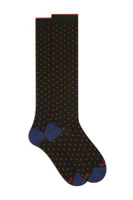Chaussettes Longues Homme Coton Beige - Motif Pois Et Rayures Bleu - Fabriqué En Italie - Taille Unique 39-46
