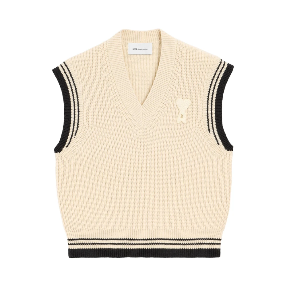 Ami Paris Men's Beige Sleeveless Jumpers, L, Ribbed Wool Sleeveless Ami De Coeur Jumper