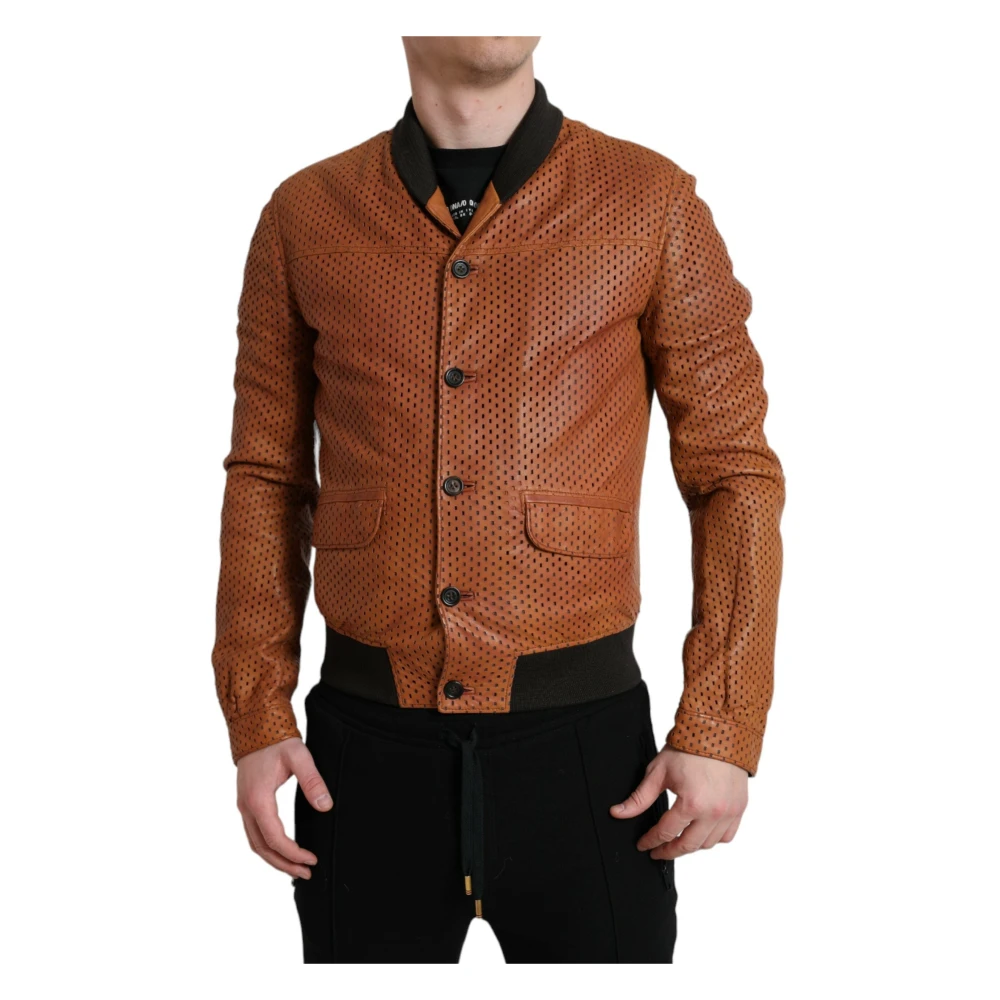 Dolce & Gabbana Men's Brown Lambskin Leather Perforated Jacket