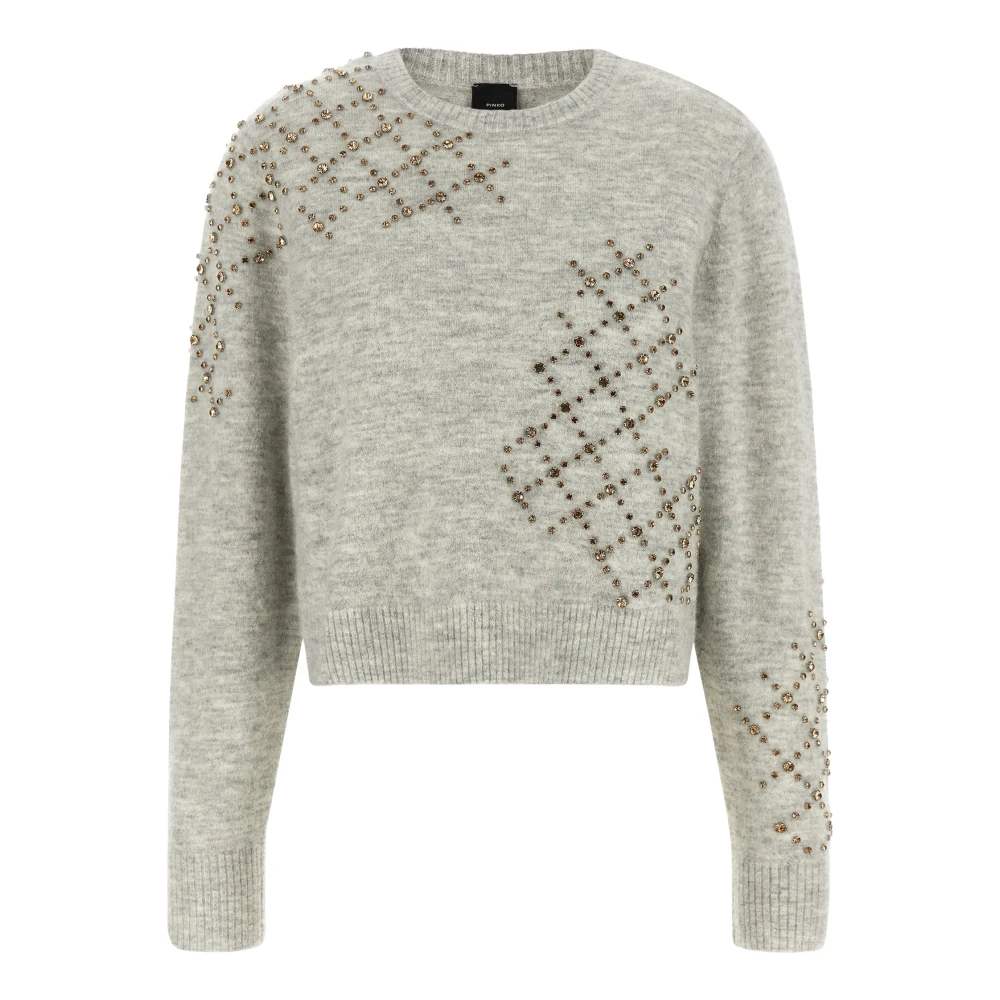 Pinko , Round-Neck Knitwear, Female, Gray, Xs, Rhinestone Jumper