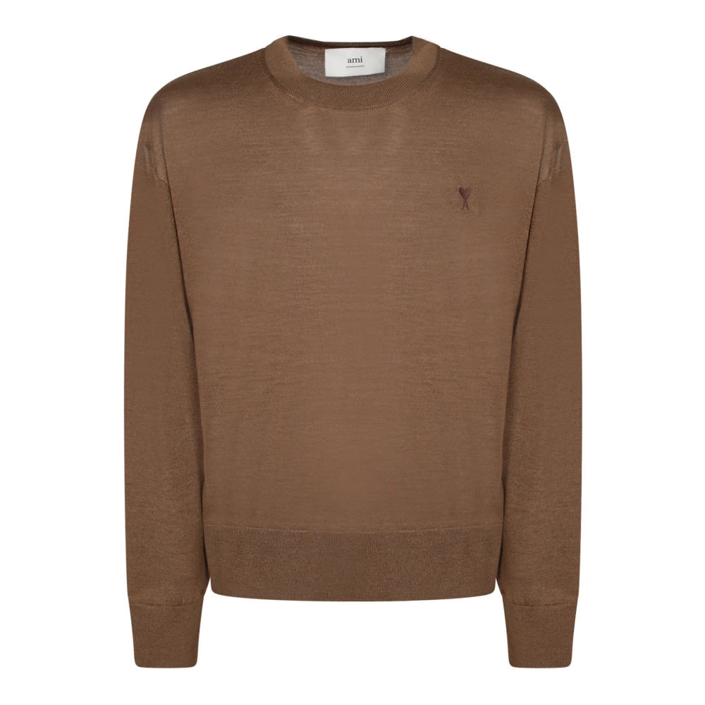 Ami Paris Men's Brown Round-Neck Knitwear, Xl, De Coeur Jumper