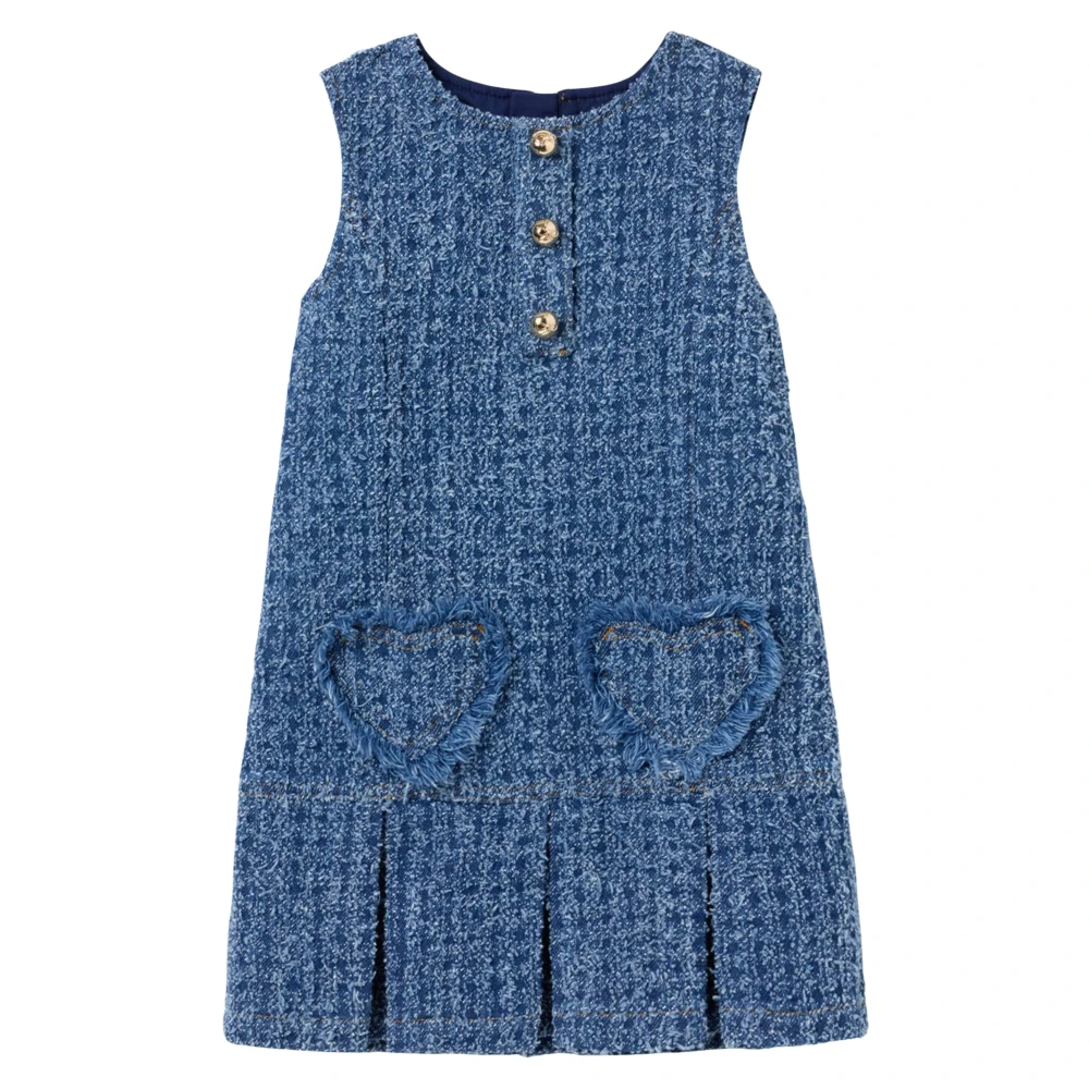 Self Portrait Blue Textured Denim Heart Trim Dress - Female - Dresses - 5 Y - Kids