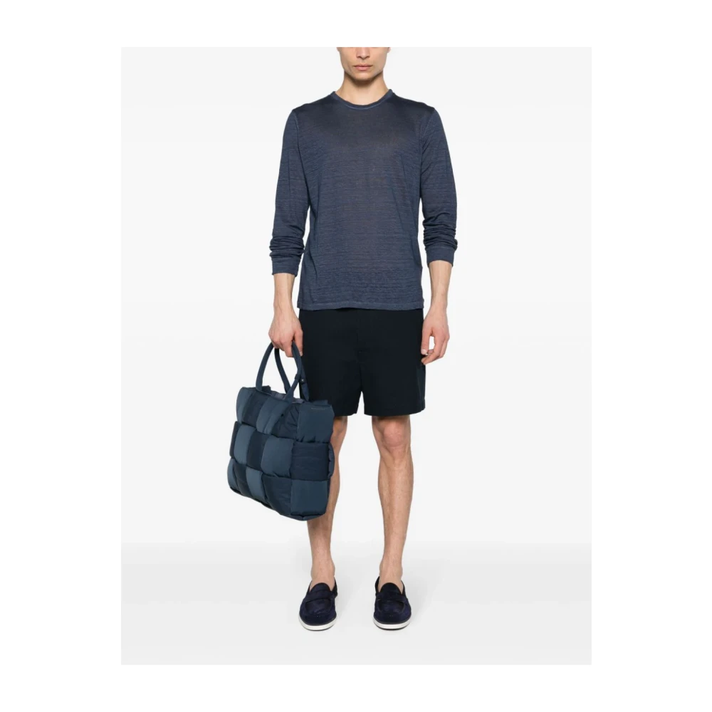 120% lino Blauw Linnen Crew Neck Lange Mouw Blue Heren