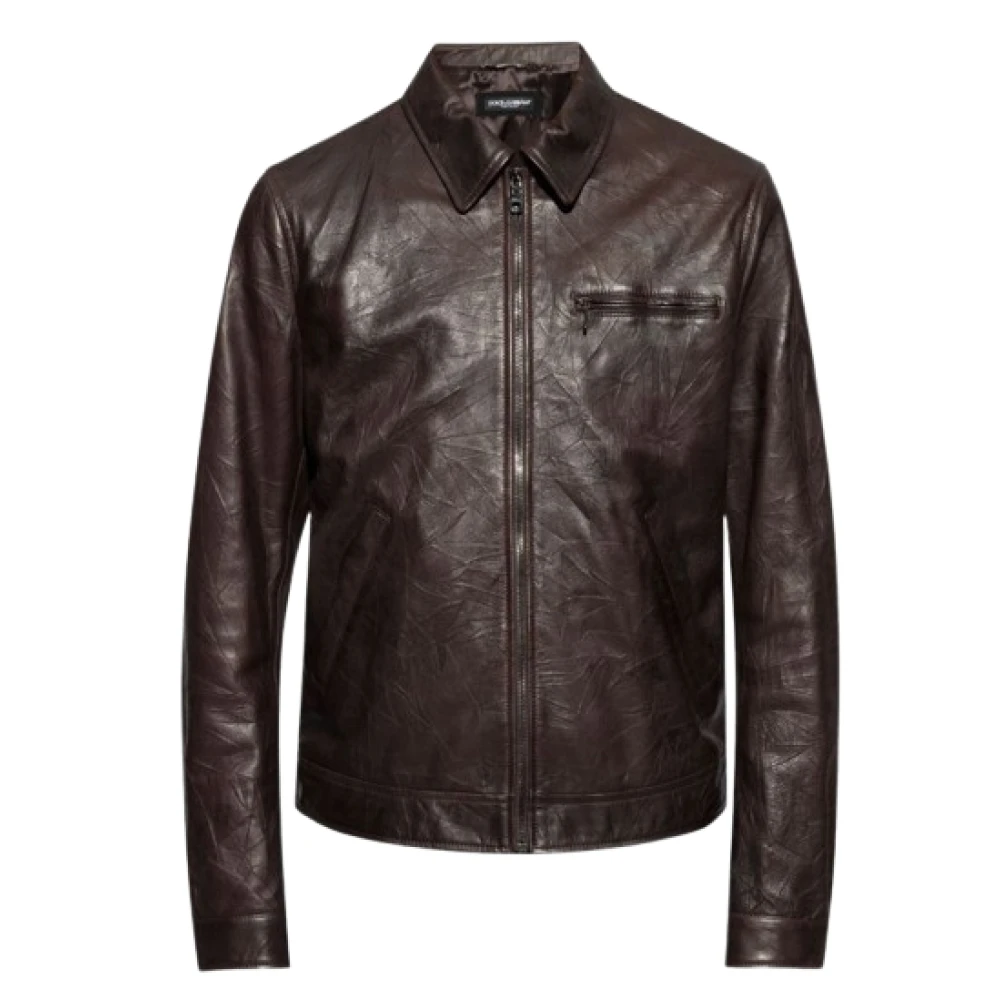 Dolce & Gabbana Leren jas met rits en zijden voering Brown Heren