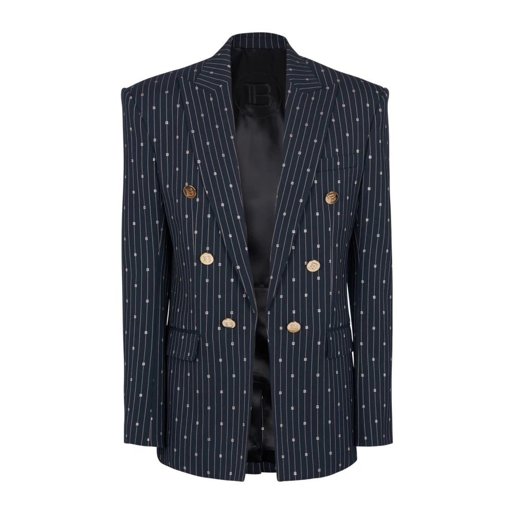 Balmain Monogrammed 6-button wool jacket with thin stripes Blue, Herr