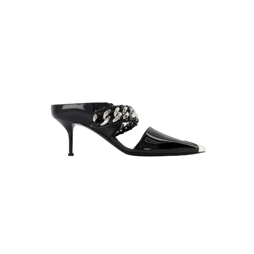 Alexander Mcqueen Women's Black Heeled Mules, 2 Uk, Leather Sandals With 6 Cm Heel