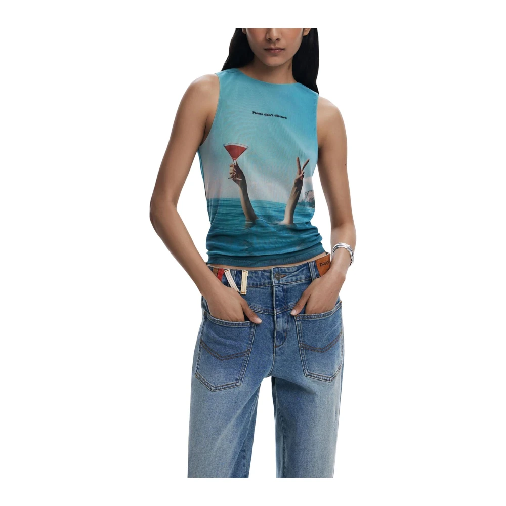 Desigual Women's Multicolor Sleeveless Tops,, Blue Printed Tank Top Extra Small
